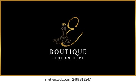 Golden color alphabet letter E,e boutique fashion logo template, Elegant gold boutique fashion dress logotype.