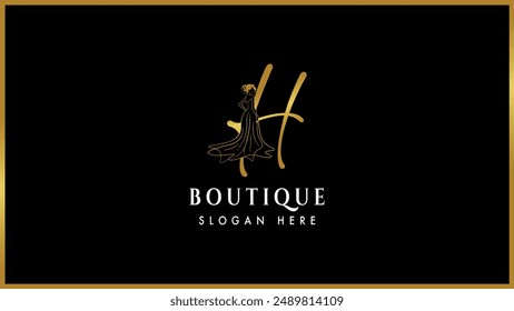 Golden color alphabet letter H,h boutique fashion logo template, Elegant gold boutique fashion dress logotype.