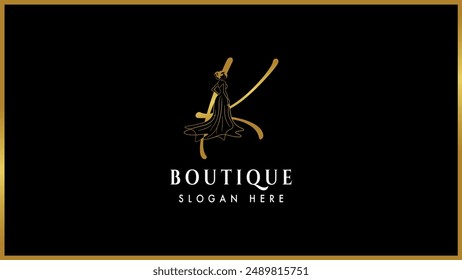 Golden color alphabet letter K,k boutique fashion logo template, Elegant gold boutique fashion dress logotype.