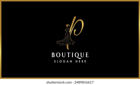 Golden color alphabet letter P,p boutique fashion logo template, Elegant gold boutique fashion dress logotype.