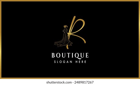 Golden color alphabet letter R,r boutique fashion logo template, Elegant gold boutique fashion dress logotype.