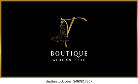 Golden color alphabet letter T,t boutique fashion logo template, Elegant gold boutique fashion dress logotype.