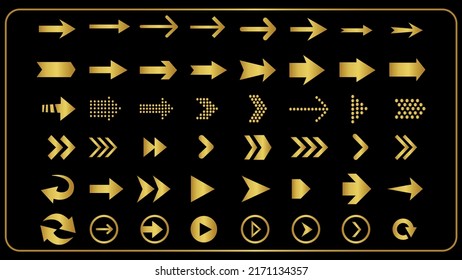 Golden color arrows sign symbol set vector illustration, Arrows big gold set icons. Arrow icon, Arrow vector collection. Arrow. Cursor, Modern simple arrows Vector illustration.