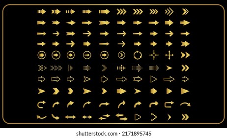 Golden color arrows sign symbol vector set illustration, Arrows big gold set icons, Arrow icon, Arrow vector collection, Arrow Cursor Modern simple arrows Vector illustration.