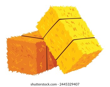 Golden color bale of hay. Bale of hay or straw isolated on white background. Flat dried haystack, farming haymow bale hayloft, agricultural rural haycock