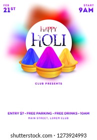 Golden color bowls on with background, happy holi template or invitation card design.