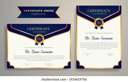 Golden color Certificate Award Design Template. Clean modern certificate with gold badge. Certificate border template with luxury and modern line pattern. Diploma Certificate vector template.