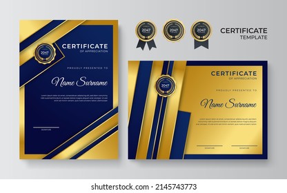 Golden color certificate award design template. Clean modern certificate with gold badge. Certificate border template with luxury modern line pattern. Diploma Certificate vector template set