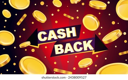 Golden color coins in various positions. Concept of saving earnings and money, live within means, cash back for purchase. Dark red background. Vector illustration