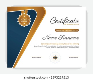 Golden color and dark blue color design template, Diploma of modern design or gift certificate. Creative, modern, certificate design. Modern design and modern background vector illustration.
