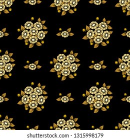 Golden color floral daisy seamless pattern isolated on black background