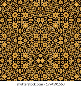 Golden color floral vintage motif seamless pattern on black background. Flat vector of contemporary abstract geometric endless fabric for wallpaper, packaging and textile.