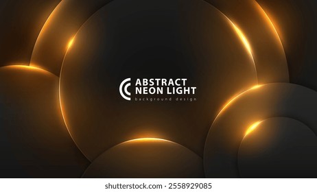Golden color glow round abstract minimal neon background, vector glowing rounded light effect. Black circle layers illuminated, yellow light effect. Orange black futuristic frame. Luxury label design
