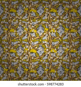 Golden color illustration. Golden pattern on yellow background with golden elements. For your design, wallpaper. Vector geometric background.