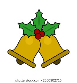 Golden color jingle bells decorated with holly berries for Christmas celebration. Cartoon flat icon for december winter holiday season. Vector with editable stroke.