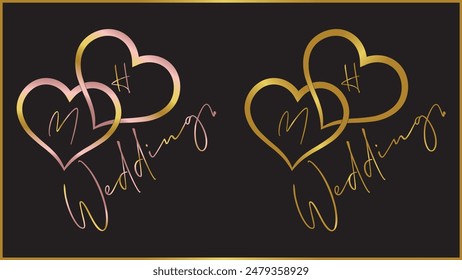 Golden color love wedding invitation two hearts design, Gold isolated vector wedding hearts with couple name initial.