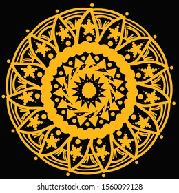 golden color mandala design  on black background.