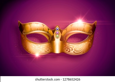 Golden color mask with jewelry in 3d illustration