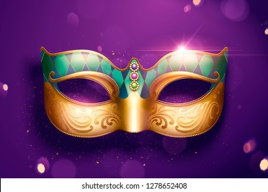 Golden color mask with jewelry on purple glitter background in 3d illustration