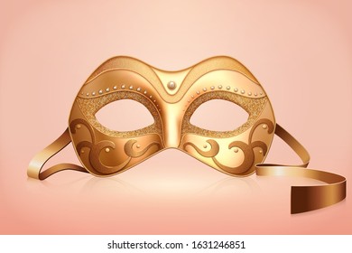 Golden color mask with pearl decorations for carnival party in 3d illustration