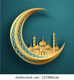 Golden color mosque upon crescent on turquoise background