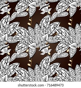 Golden color ornamental illustration. Golden pattern on white, black and brown colors with golden elements. For your design, wallpaper. Vector geometric background.
