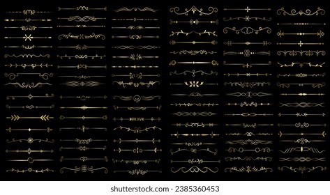 Secador de páginas de color dorado y elementos de diseño. Conjunto de varios diseños simples de divisor negro, vectores de plantilla de colección de divisores surtidos. Colección de elementos de divisores florales mega decoración para Calli