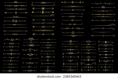 Golden color page Divider And Design Elements. Set of Various Simple Black Divider Design, Assorted Divider Collection Template Vector. Collection of floral dividers elements mega decoration for Calli