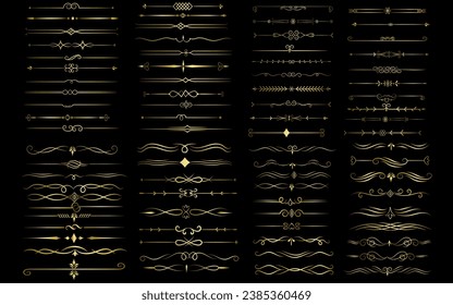 Golden color page Divider And Design Elements. Set of Various Simple Black Divider Design, Assorted Divider Collection Template Vector. Collection of floral dividers elements mega decoration for Calli