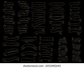 Golden color Ribbon elements. Gold outline modern simple ribbons collection. Flat banner ribbon for decorative design. Ribbons, Banners, badges, Labels Design Elements.