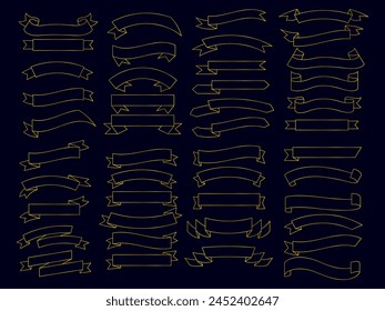 Golden color Ribbon elements. Gold outline modern simple ribbons collection. Flat banner ribbon for decorative design. Ribbons, Banners, badges, Labels Design Elements.