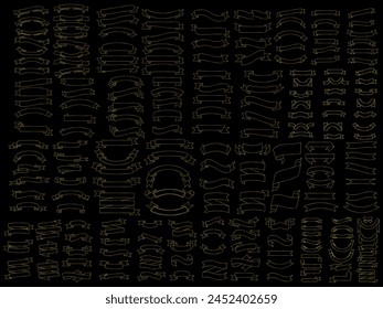 Golden color Ribbon elements. Gold outline modern simple ribbons collection. Flat banner ribbon for decorative design. Ribbons, Banners, badges, Labels Design Elements.