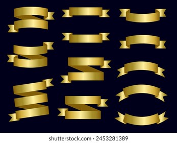 Golden color Ribbon elements. Gold outline modern simple ribbons collection. Flat banner ribbon for decorative design. Ribbons, Banners, badges, Labels Design Elements.