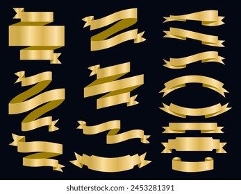 Elementos de cinta de color dorado. Contorno de oro moderno colección de cintas simples. Cinta de Anuncio plana para diseño decorativo. Cintas, Anuncios, insignias, Elementos de diseño de etiquetas.