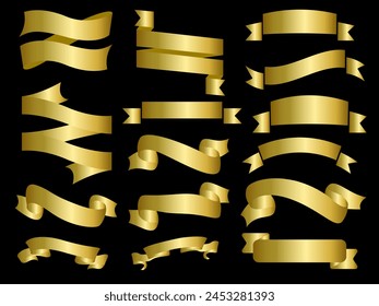 Golden color Ribbon elements. Gold outline modern simple ribbons collection. Flat banner ribbon for decorative design. Ribbons, Banners, badges, Labels Design Elements.