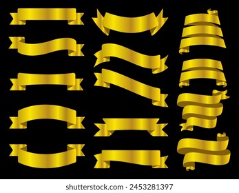 Golden color Ribbon elements. Gold outline modern simple ribbons collection. Flat banner ribbon for decorative design. Ribbons, Banners, badges, Labels Design Elements.