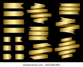 Golden color Ribbon elements. Gold outline modern simple ribbons collection. Flat banner ribbon for decorative design. Ribbons, Banners, badges, Labels Design Elements.