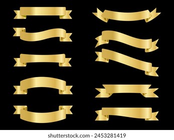 Golden color Ribbon elements. Gold outline modern simple ribbons collection. Flat banner ribbon for decorative design. Ribbons, Banners, badges, Labels Design Elements.