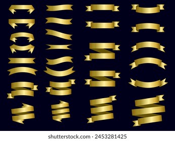 Golden color Ribbon elements. Gold outline modern simple ribbons collection. Flat banner ribbon for decorative design. Ribbons, Banners, badges, Labels Design Elements.