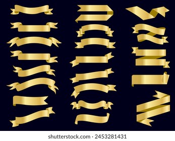 Golden color Ribbon elements. Gold outline modern simple ribbons collection. Flat banner ribbon for decorative design. Ribbons, Banners, badges, Labels Design Elements.