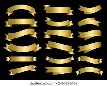 Golden color Ribbon elements. Gold outline modern simple ribbons collection. Flat banner ribbon for decorative design. Ribbons, Banners, badges, Labels Design Elements.
