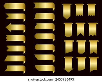 Golden color Ribbon elements. Gold outline modern simple ribbons collection. Flat banner ribbon for decorative design. Ribbons, Banners, badges, Labels Design Elements.
