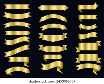 Golden color Ribbon elements. Gold outline modern simple ribbons collection. Flat banner ribbon for decorative design. Ribbons, Banners, badges, Labels Design Elements.