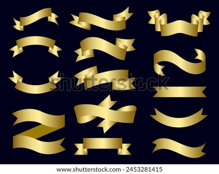 Golden color Ribbon elements. Gold outline modern simple ribbons collection. Flat banner ribbon for decorative design. Ribbons, Banners, badges, Labels Design Elements.