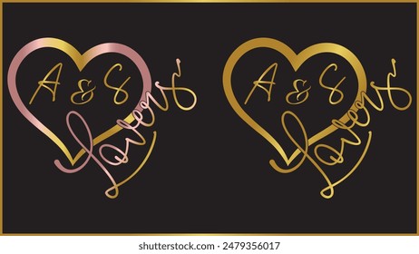 Golden color romantic lovers name heart design, Isolated gold lovers vector heart design.