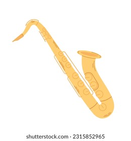 Golden color saxophone isolated on white background. Orchestral wind musical instrument. Vector cartoon illustration.