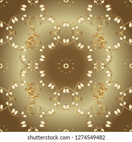 Golden color seamless illustration. Golden seamless pattern on brown and beige colors with golden floral elements. For your design, wallpaper. Vector geometric background.