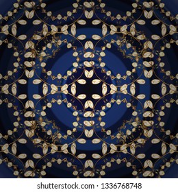 Golden color seamless illustration. Golden seamless pattern on blue, gray and brown colors with golden floral elements. Vector geometric background. For your design, wallpaper.