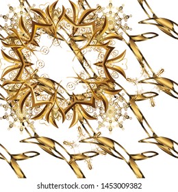 Golden color seamless illustration. Golden seamless pattern on white and brown colors with golden floral elements. For your design, wallpaper. Vector geometric background.