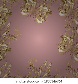 Goldene farbige, nahtlose Abbildung. Goldenes, nahtloses Muster auf beigen, gelben und neutralen Farben mit goldenen Blumenelementen. Für Ihr Design, Bildschirmhintergrund. Vektorgeometrischer Hintergrund.